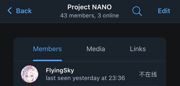 Telegram 群截图：FlyingSky 是群「Project NANO」的管理员，头衔为「不在线」。