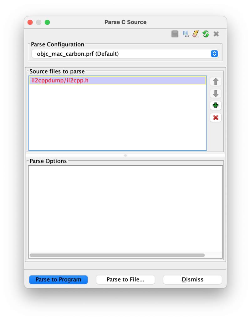 A screenshot of the Parse C Source dialog of Ghidra, configure as instructed.